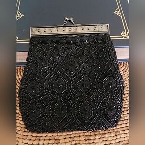 Hillard & Hanson elegant evening black beaded crossbody clutch purse